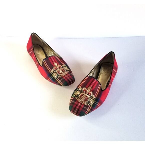 VC Signature Flats Red Tartan Plaid Sz 6 Embroidered Logo Square Toe - Picture 1 of 13